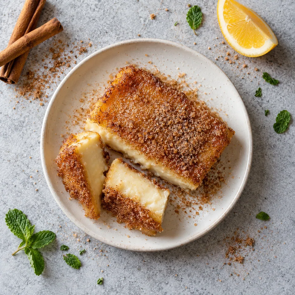 Leche frita dorée à la poêle, sucre et cannelle : une portion rectangulaire croustillante et sucrée sur une petite assiette blanche.
