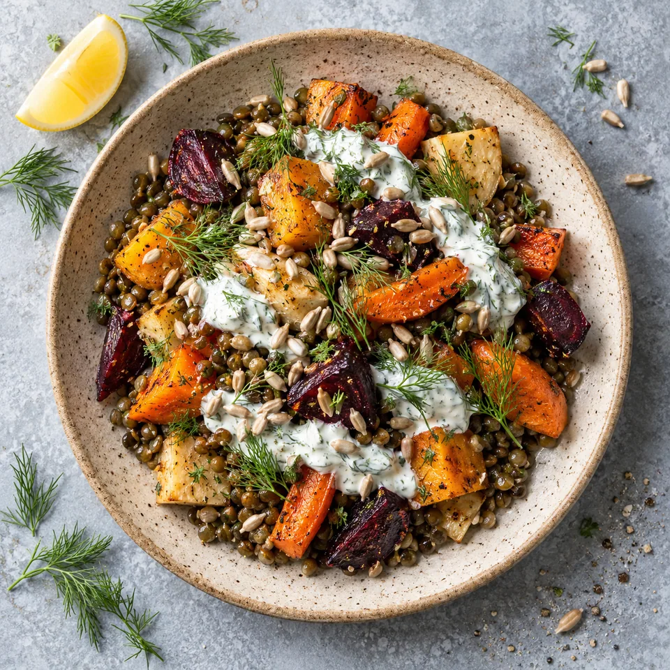 Assiette de lentilles et légumes racines rôtis, sauce yaourt aneth et graines de tournesol.