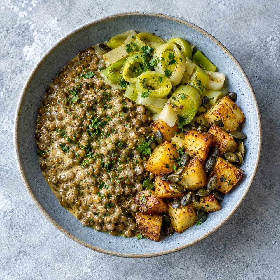 Lentilles à la dijonnaise, poireaux et pommes de terre : lentilles nappées, pommes de terre dorées et graines de courge dans une assiette creuse.
