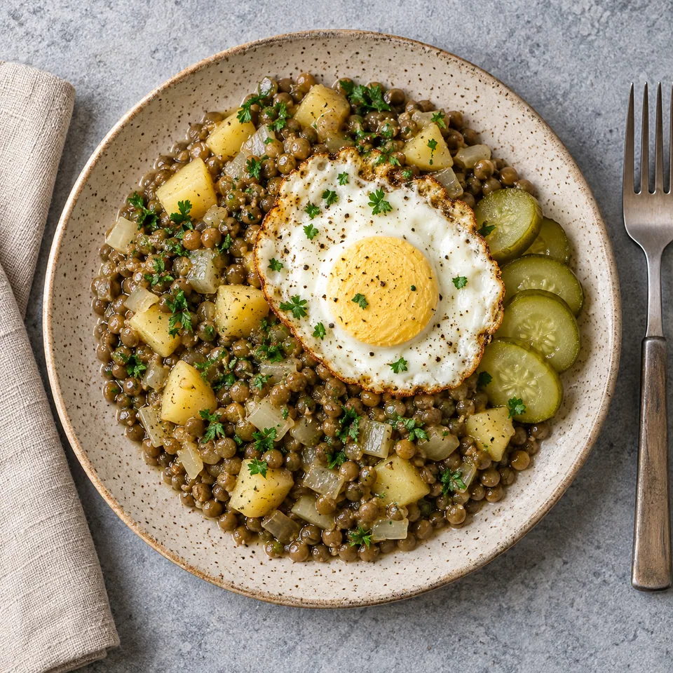 Assiette de lentilles aigres à la tchèque avec œuf bien cuit et cornichons sur fond beige moucheté