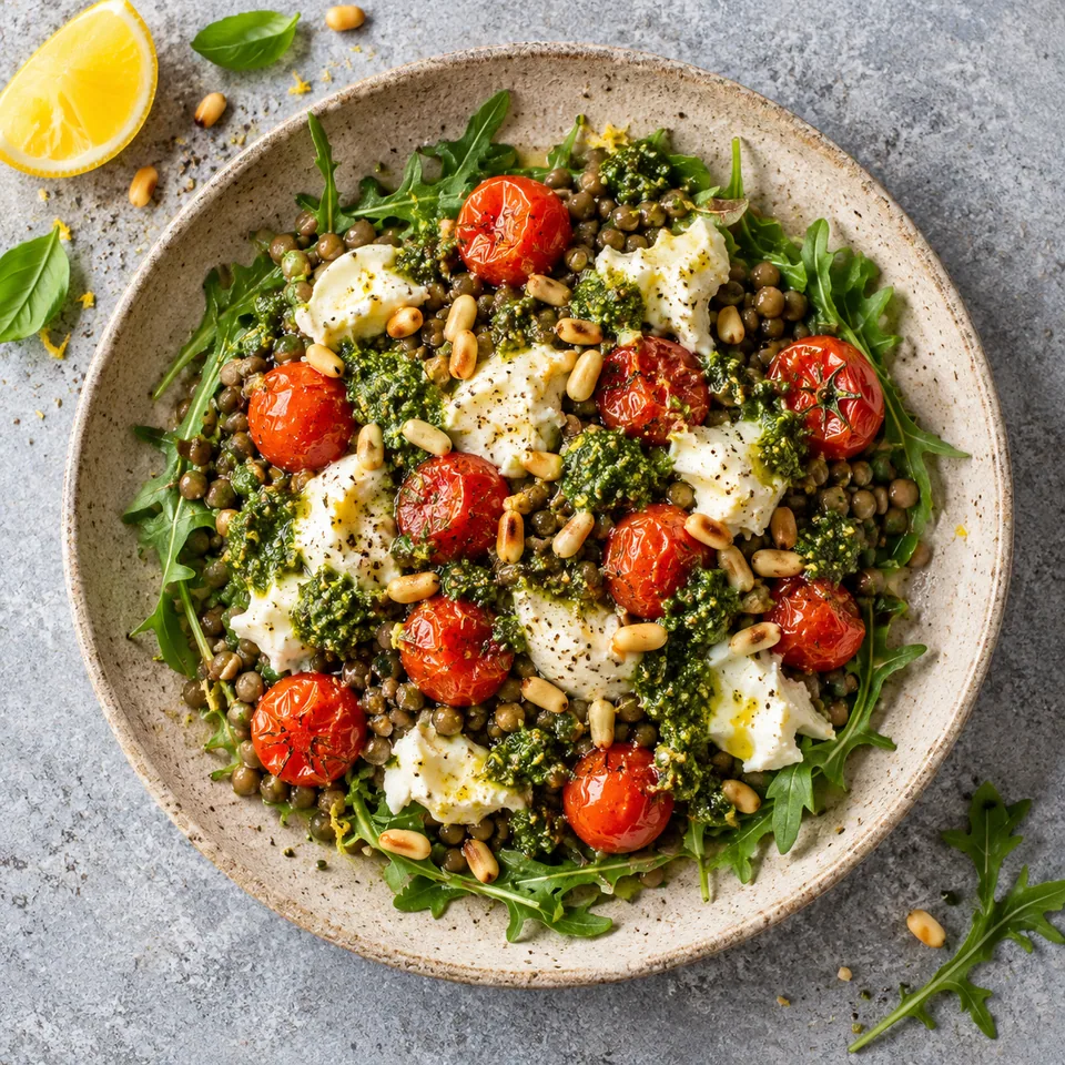 Assiette de lentilles au pesto, tomates cerises et mozzarella végétarienne sur roquette, garnie de pignons.