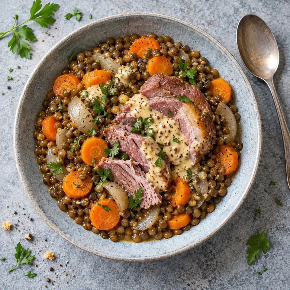 Assiette de lentilles au petit salé avec carottes et moutarde