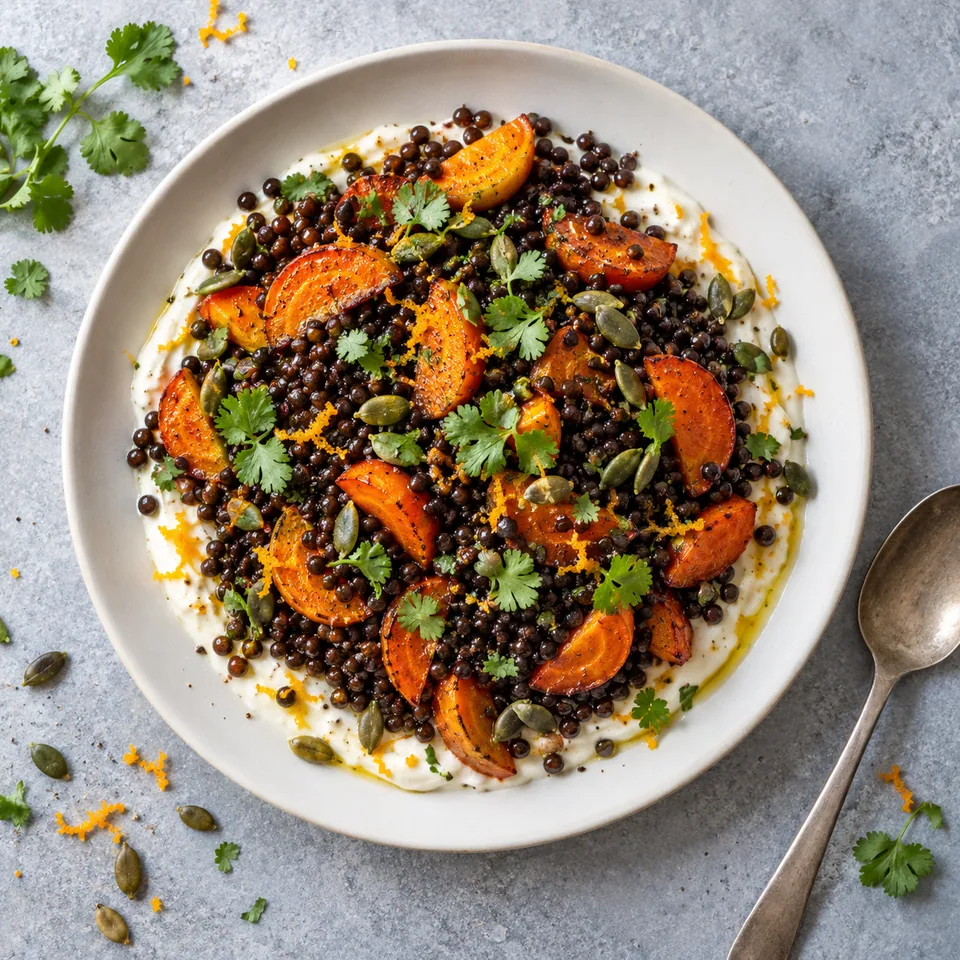 Assiette de lentilles beluga, carottes rôties et yaourt de soja à l'orange, parsemée de coriandre et graines de courge.