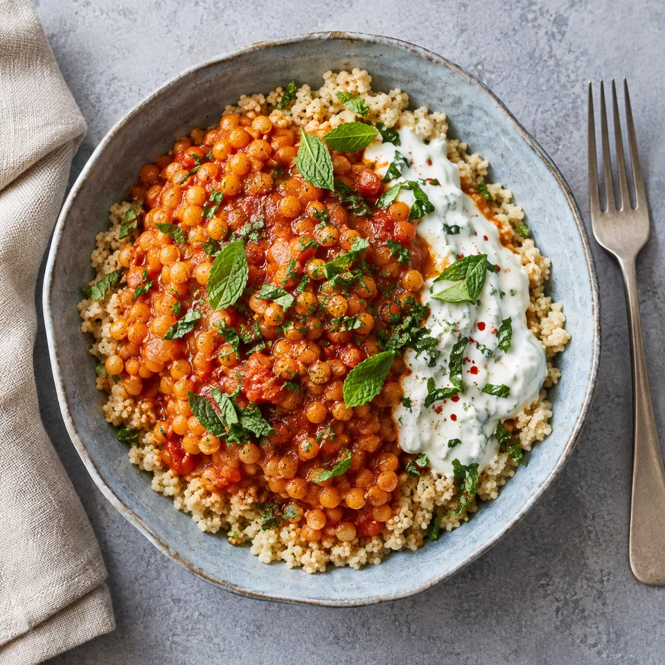 Lentilles corail à la harissa et couscous dans un bol bleu-gris, nappées de sauce rouge et de crème à la menthe.