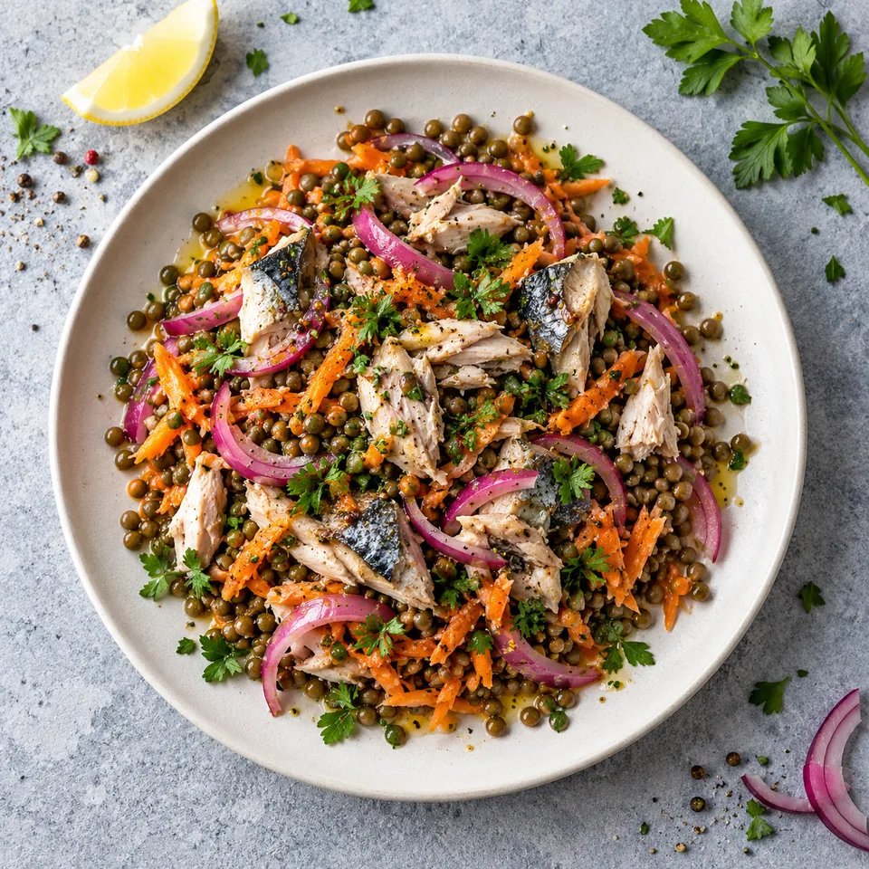Assiette de salade de lentilles, maquereau et oignons rouges marinés sur fond blanc cassé.