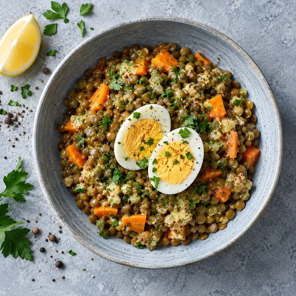 Assiette de lentilles mijotées aux carottes et sauce moutarde, garnie de persil et d'un œuf dur coupé en deux.