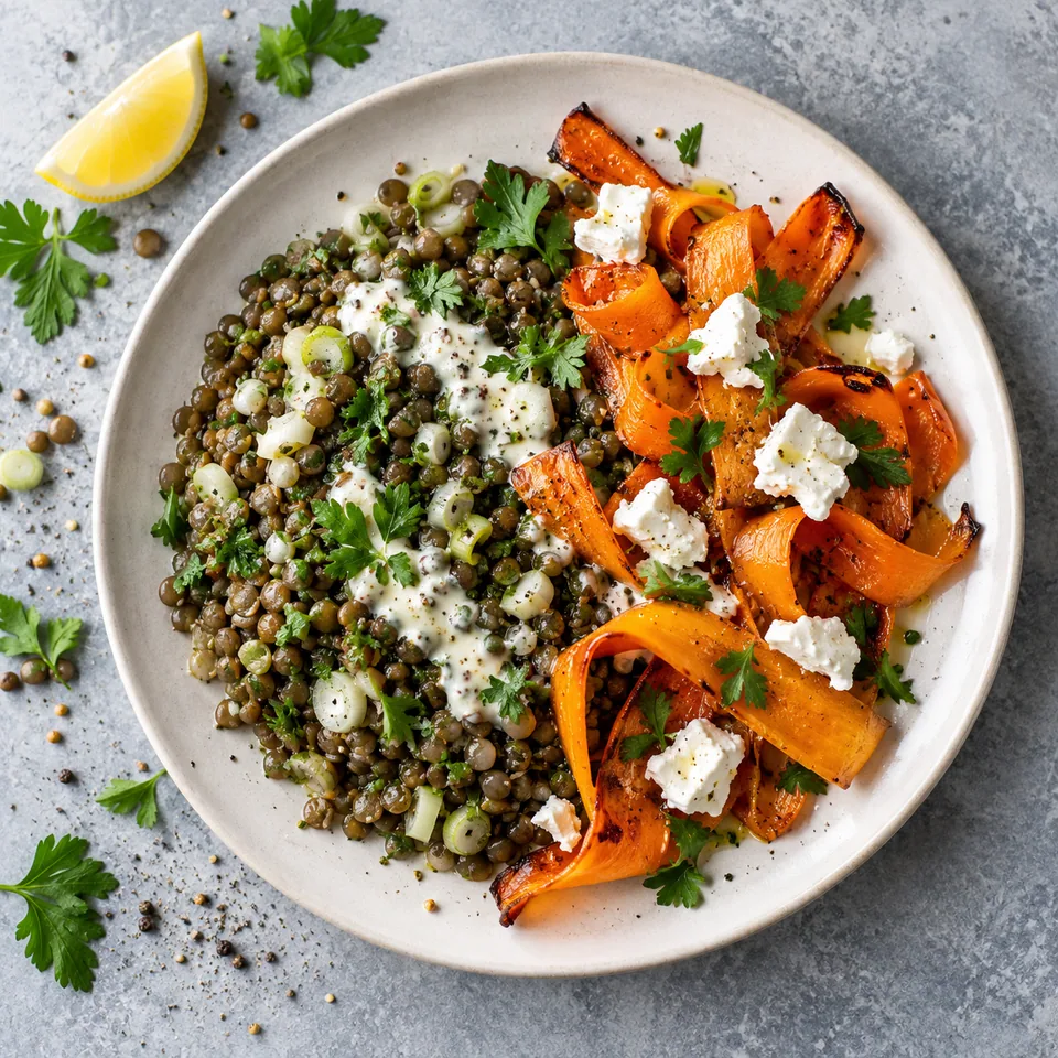 Assiette de lentilles tièdes aux carottes rôties et chèvre frais sur céramique blanche
