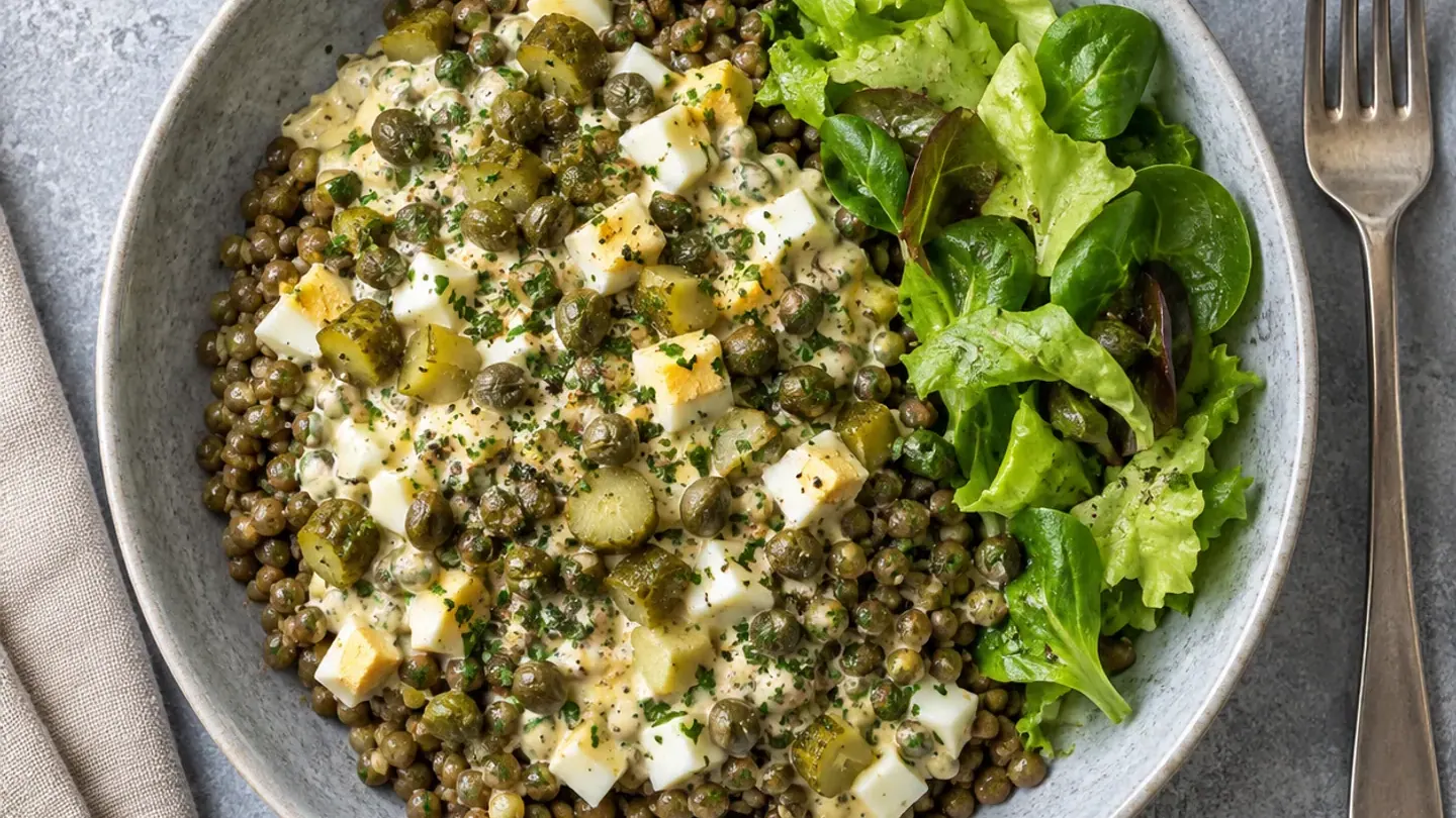 Lentilles tièdes, sauce gribiche et cornichons