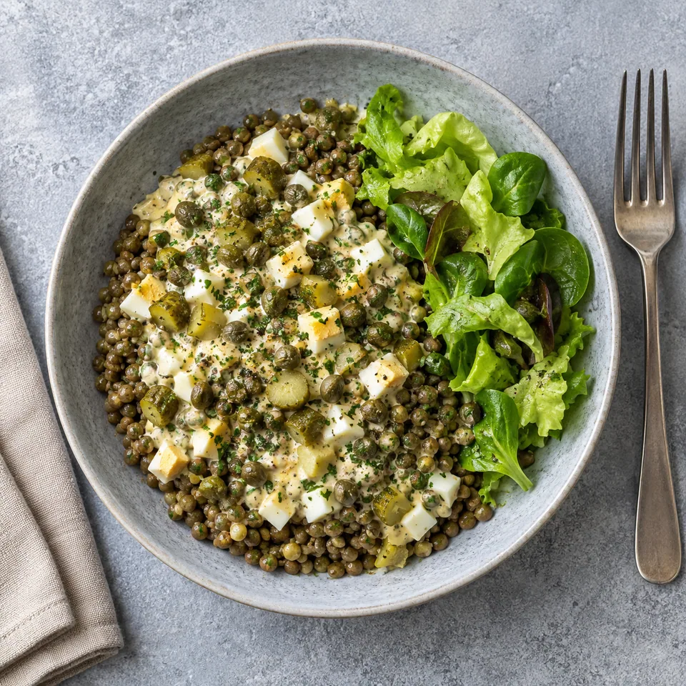 Assiette de lentilles tièdes à la sauce gribiche avec œufs, cornichons, câpres et salade verte sur fond bleu-gris.