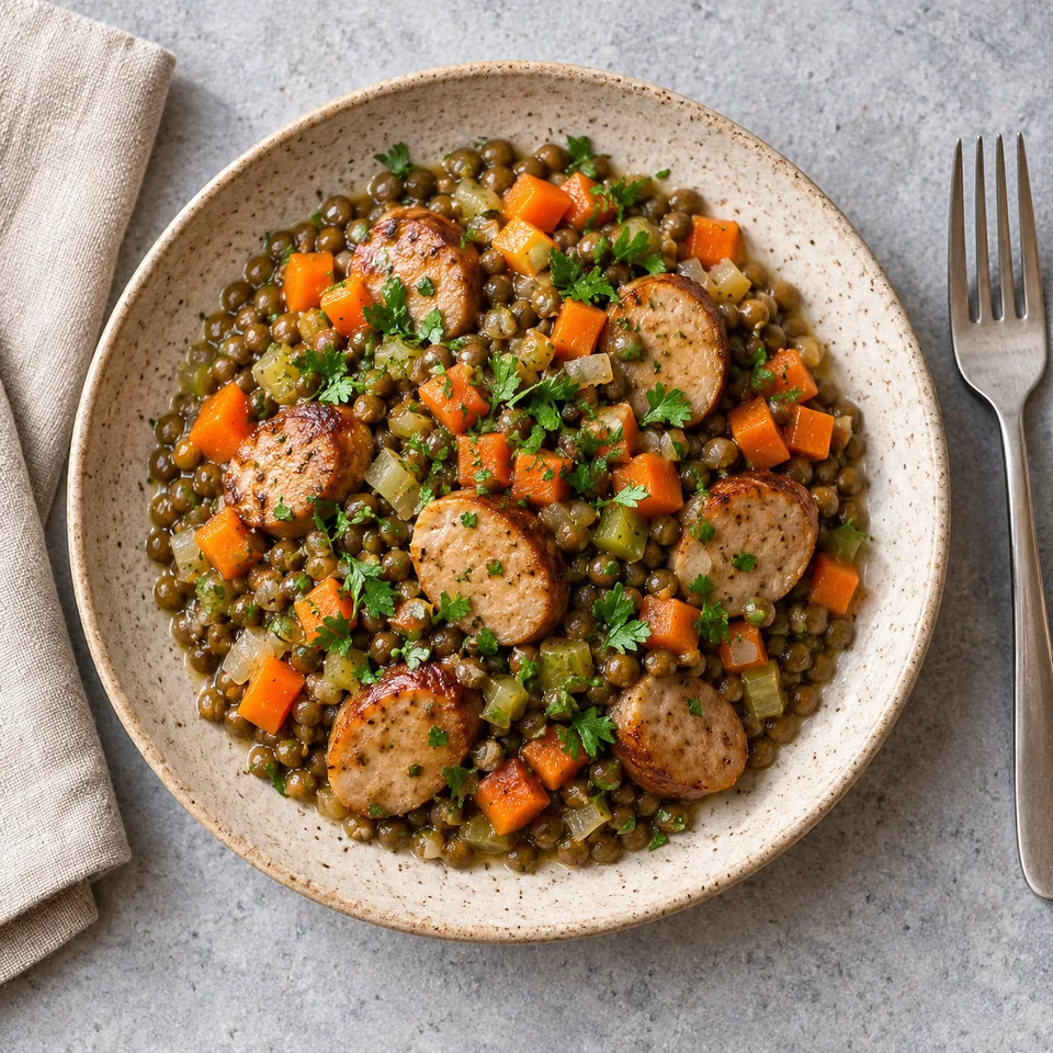 Portion de lentilles vertes aux carottes et saucisses dans une assiette beige moucheté, parsemée de persil.