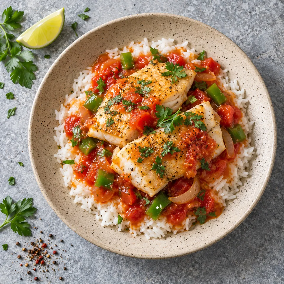 Liboké de poisson, tomates et piment doux : riz blanc, filets de lieu noir cuit et légumes rouges et verts sur assiette beige.