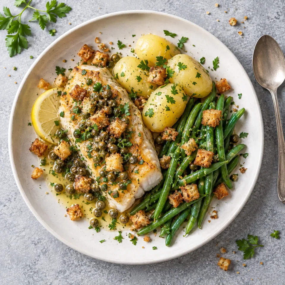 Assiette de lieu à la grenobloise avec pommes vapeur et haricots verts, sauce au citron et câpres, croûtons dorés.