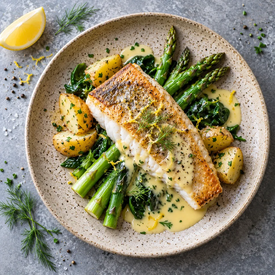 Lieu jaune, beurre blanc citronné et asperges : poisson poêlé doré sur légumes verts et pommes de terre, sauce brillante.