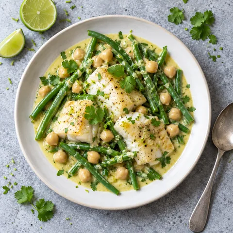 Lieu noir au lait de coco, citron vert et haricots verts