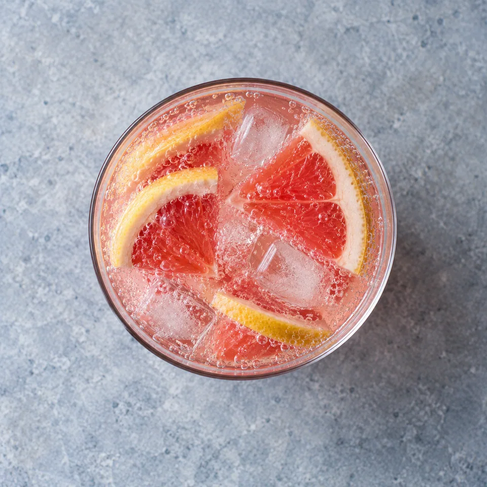Limonade au pamplemousse dans un verre avec quartiers de fruit frais et bulles.