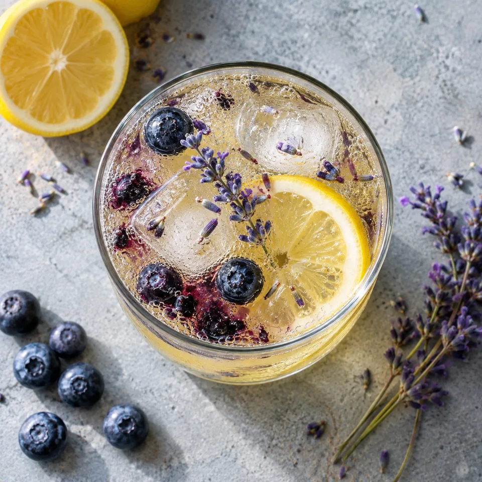 Limonade citron-lavande aux myrtilles dans un grand verre transparent avec glaçons et fruits écrasés.