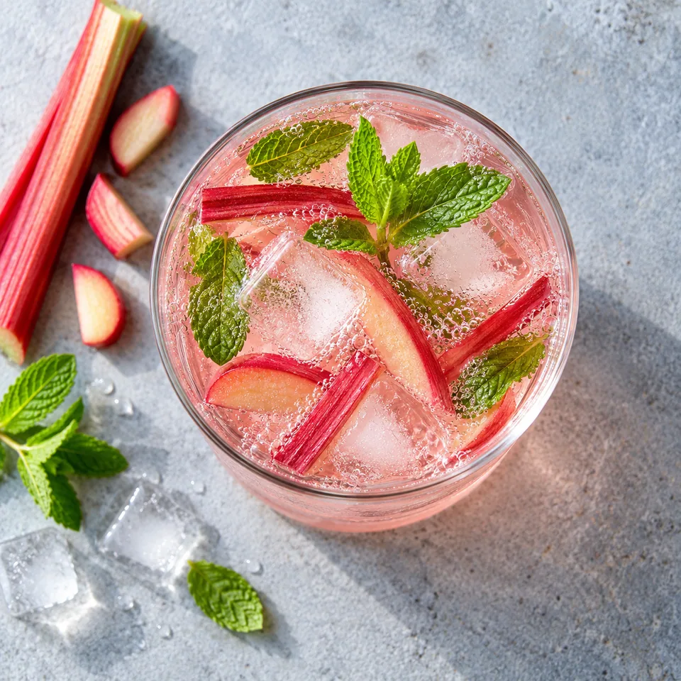 Limonade pétillante à la rhubarbe dans un grand verre, avec lamelles de rhubarbe et menthe.