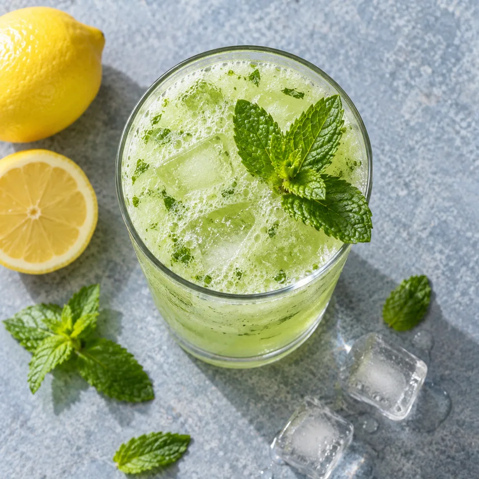Limonana glacée à la menthe dans un verre transparent, boisson verte mousseuse avec glaçons et feuilles de menthe.
