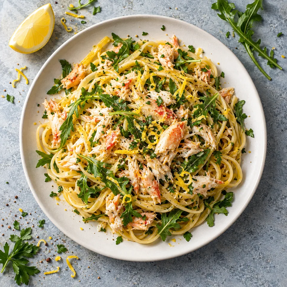 Linguines au crabe, citron et roquette servies sur assiette blanche, avec pâtes, chair de crabe et herbes fraîches.