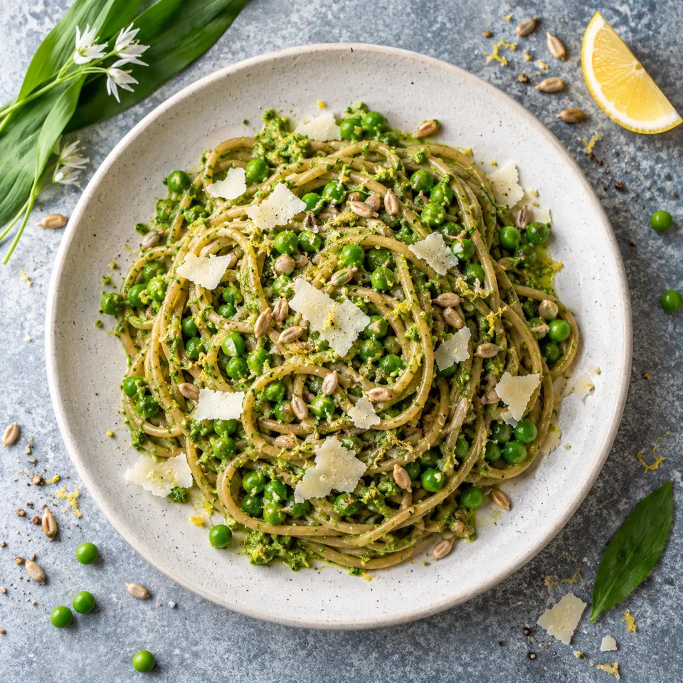 Assiette de linguines au pesto d'ours aux petits pois et copeaux de fromage