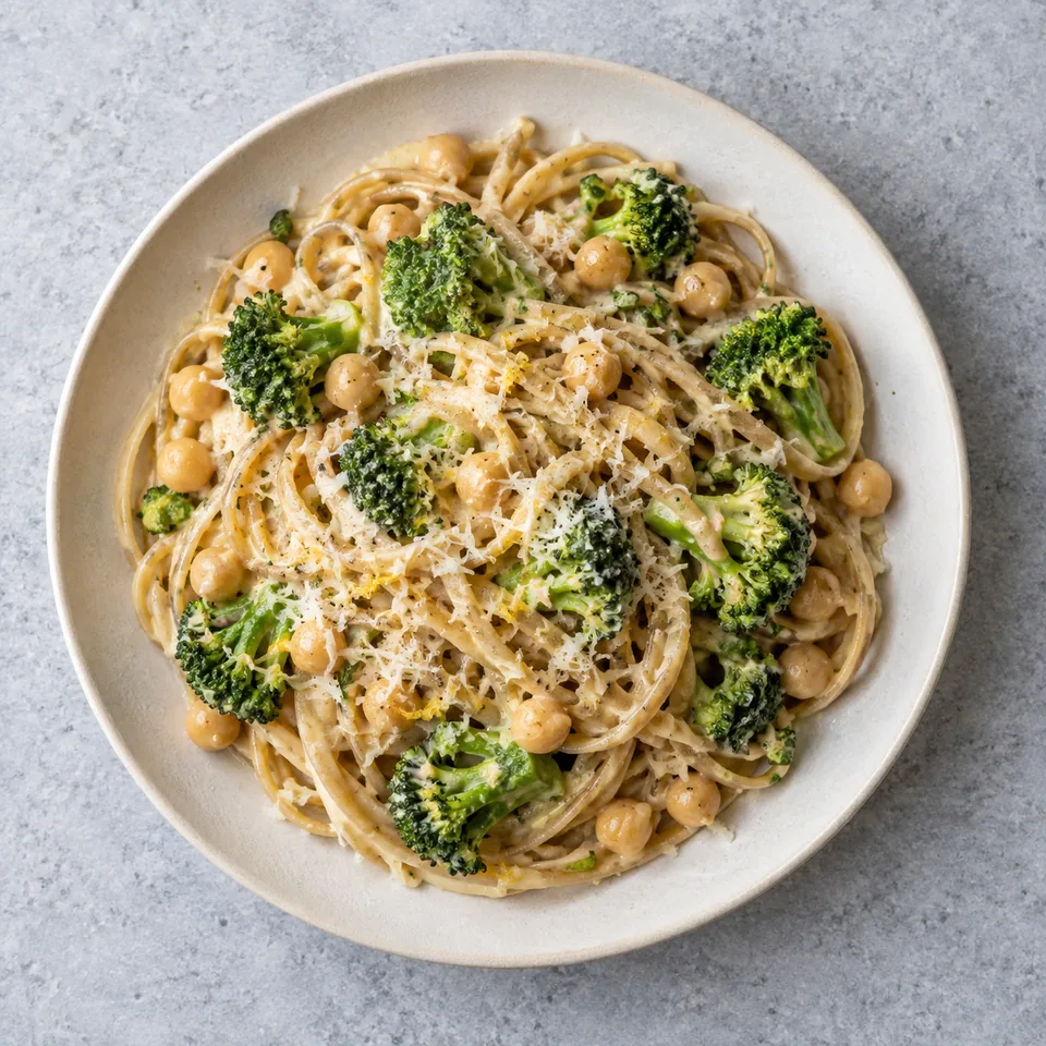 Linguine complètes en sauce aux pois chiches, brocoli vert, pois chiches entiers et fromage râpé.