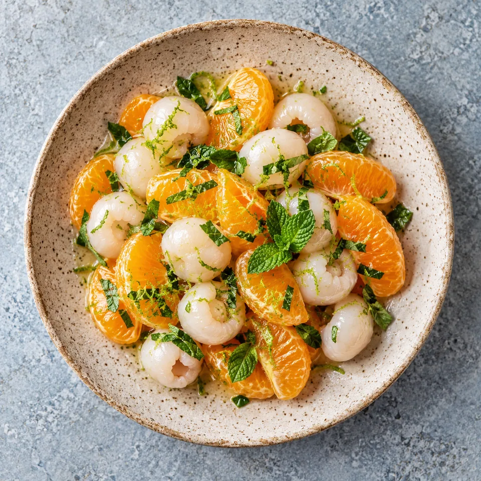 Salade de litchis et clémentines à la menthe sur assiette beige, vue de dessus.