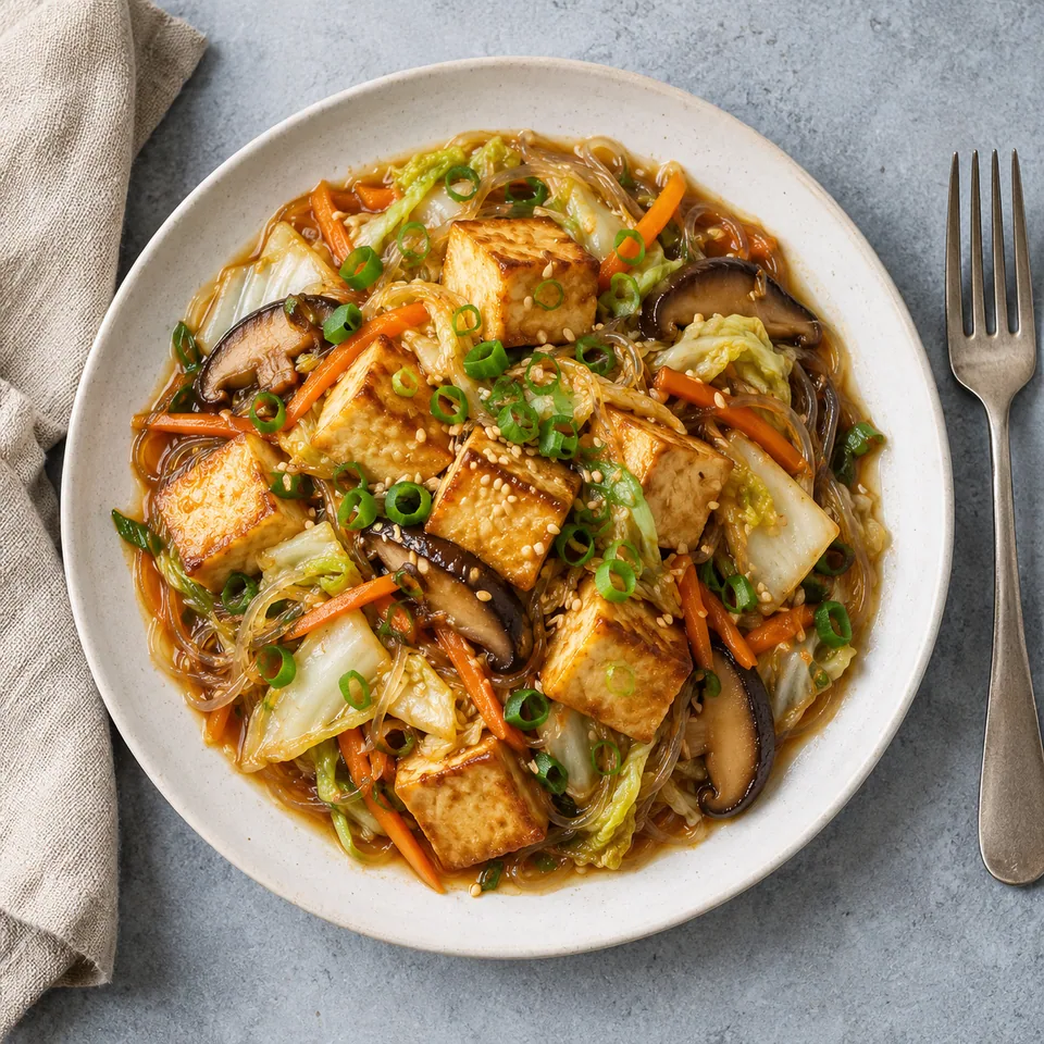 Lo han jai, ragoût chinois de tofu et légumes servi sur une assiette blanche avec du tofu doré et des légumes colorés.