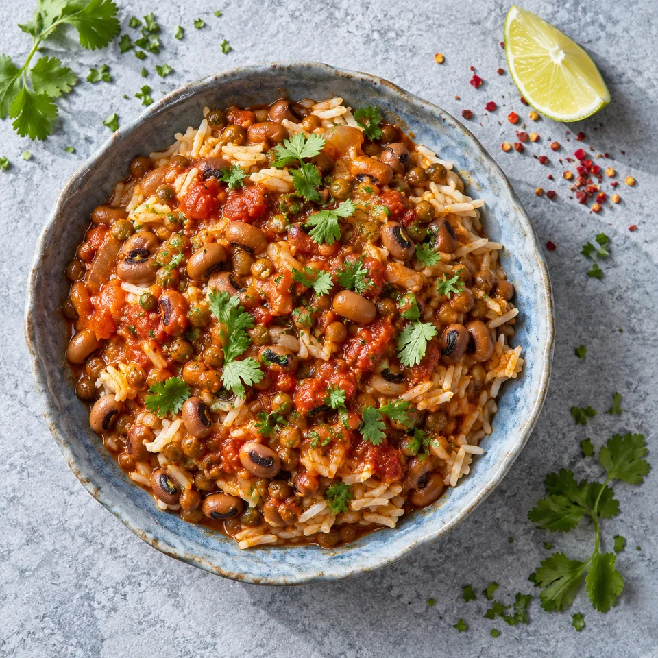 Bol de lobia masala au riz : haricots, lentilles et riz basmati nappés de sauce tomate épicée et coriandre fraîche.