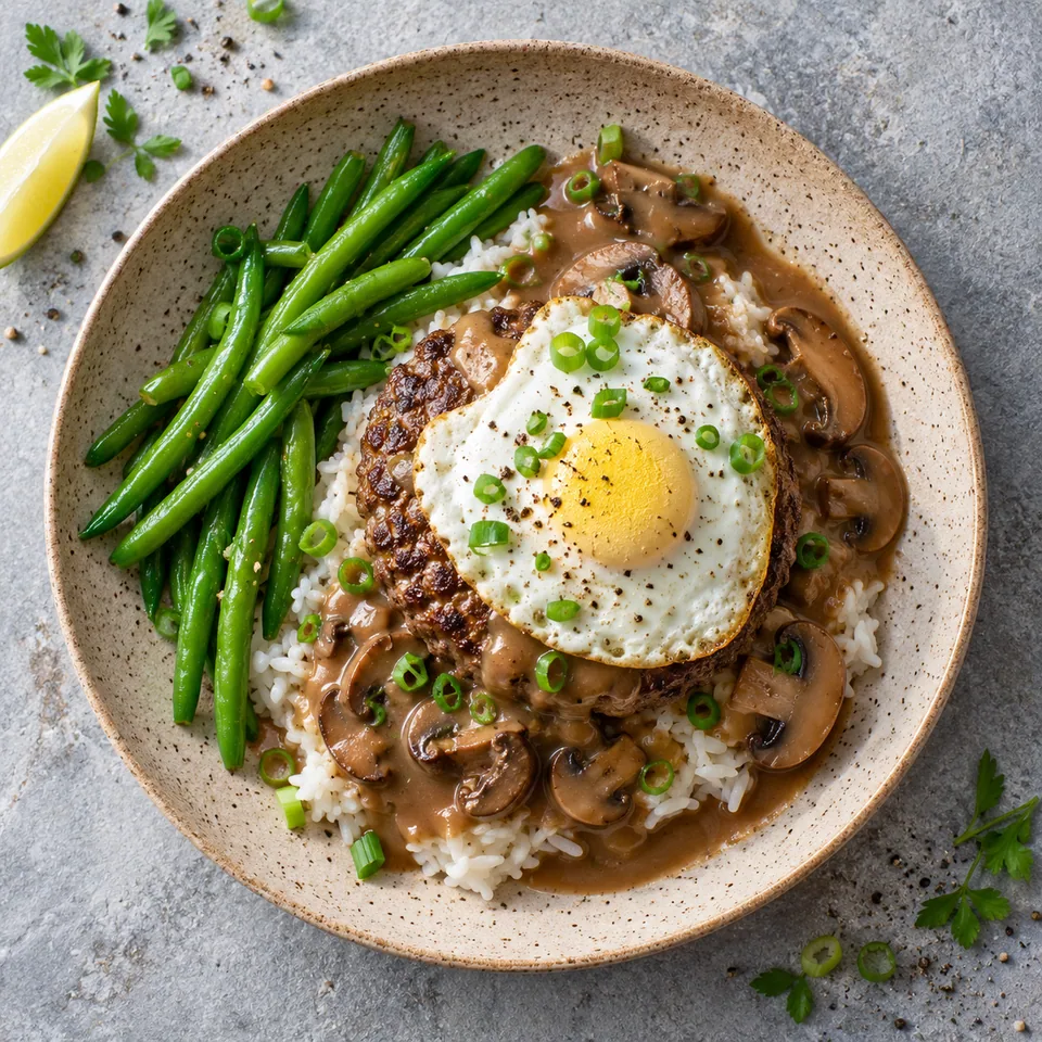 Loco moco au bœuf : riz, haricots verts, steak, œuf au plat et sauce champignons sur assiette beige.