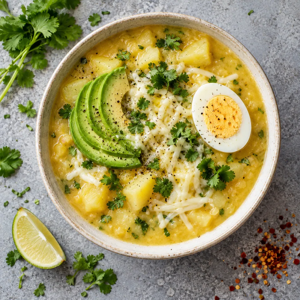 Bol de soupe andine locro de papa avec avocat, œuf dur et mozzarella