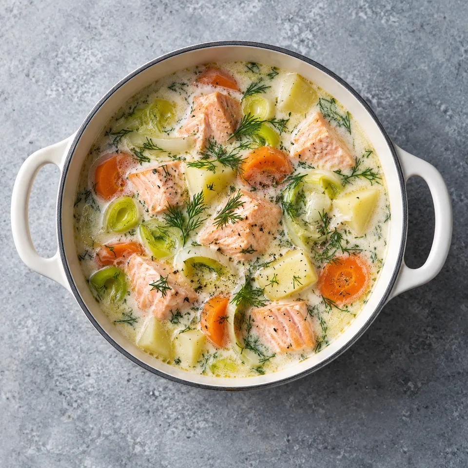 Lohikeitto, soupe finlandaise au saumon dans une cocotte blanche avec légumes et aneth.