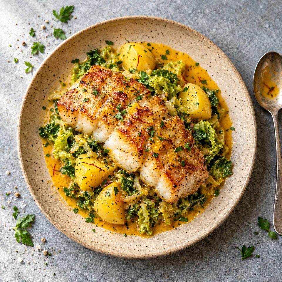 Assiette de lotte rôtie dorée sur chou vert et pommes de terre, nappée de sauce safranée brillante.