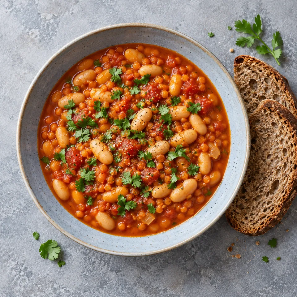Loubia, haricots blancs mijotés à la tomate et au cumin, servi dans une assiette creuse avec pain complet.