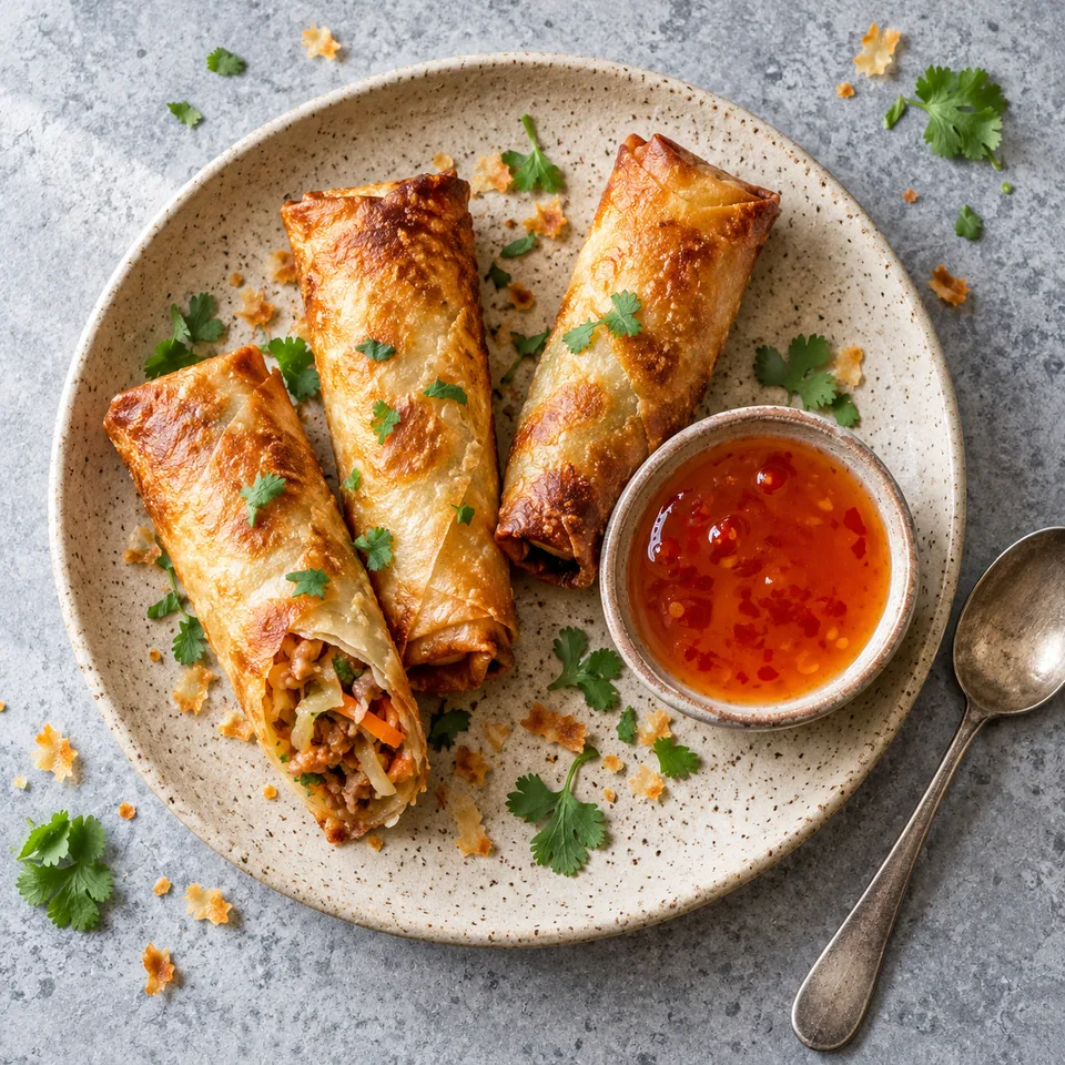 Lumpia au four dorés et croustillants sur assiette beige avec sauce aigre-douce brillante.