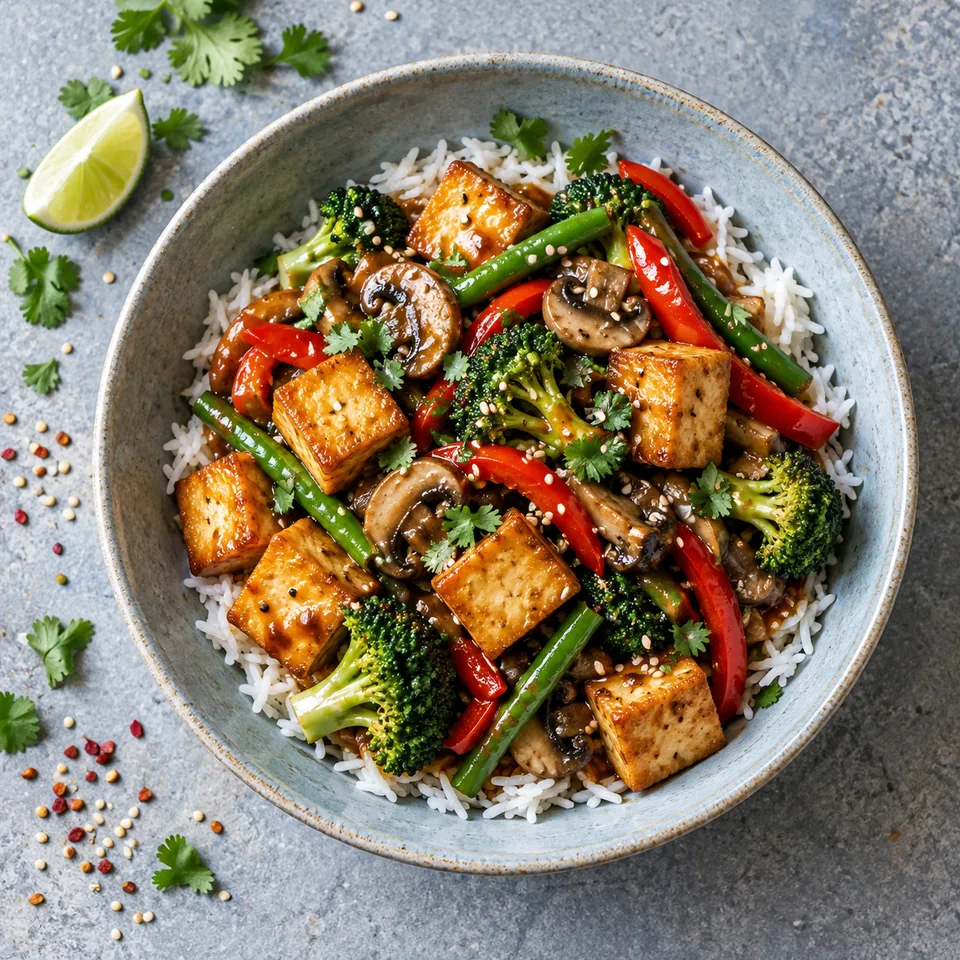 Luohan zhai : portion de riz, tofu doré, légumes sautés colorés et sauce brillante sur assiette bleue.