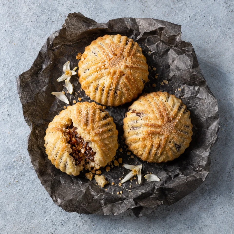 Trois maamoul aux dattes dorés et marqués à la fourchette posés sur papier cuisson froissé.