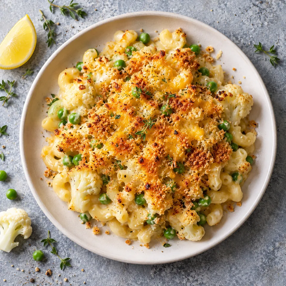 Mac and cheese au chou-fleur caché : macaronis crémeux, petits pois verts et croûte dorée de chapelure dans une assiette blanche.