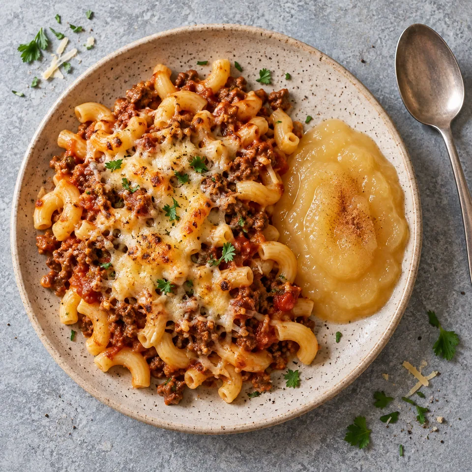 Macaronis au bœuf et compote de pommes : pâtes sauce tomate et gruyère fondu servies avec une compote de pommes sur assiette beige mouchetée.