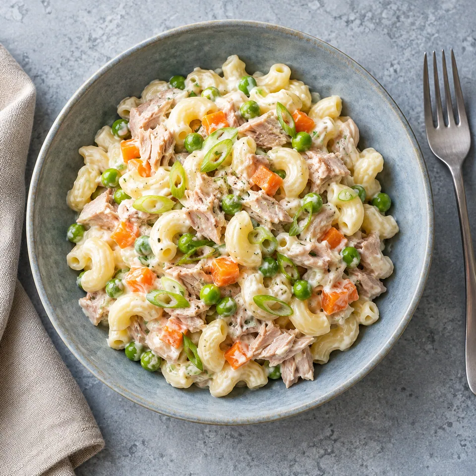 Assiette creuse bleu-gris contenant une portion de macaronis hawaïens au thon, carottes râpées et petits pois nappés de sauce crémeuse.