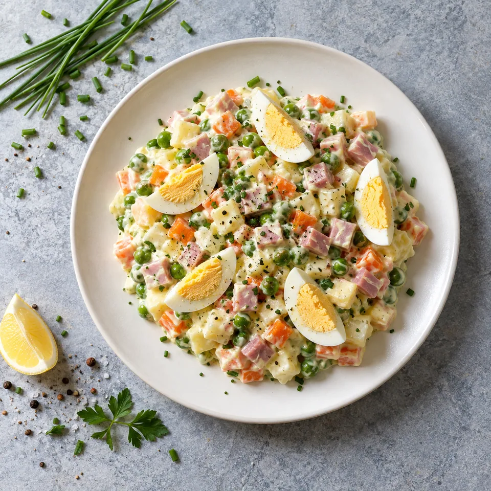 Macédoine au yaourt, œufs durs et jambon dans une assiette blanche, sauce crémeuse et légumes colorés.