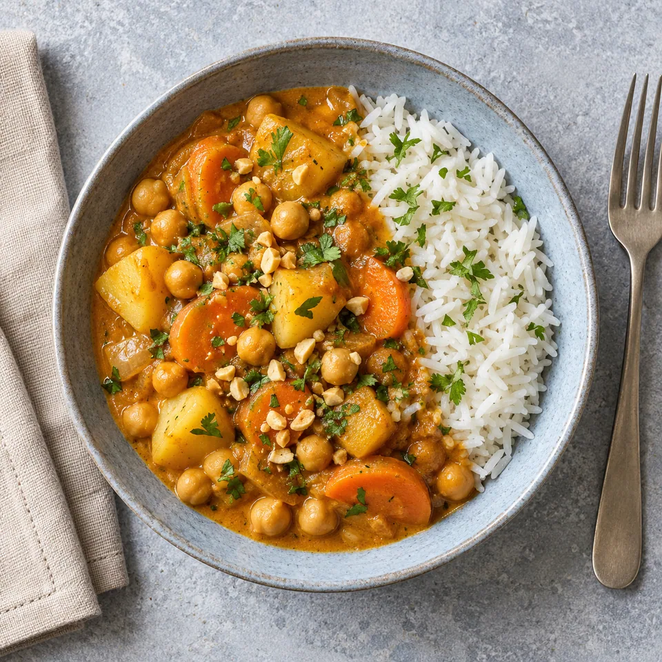 Assiette creuse bleu-gris contenant une portion de mafé de légumes aux pois chiches et riz blanc, vue de dessus.