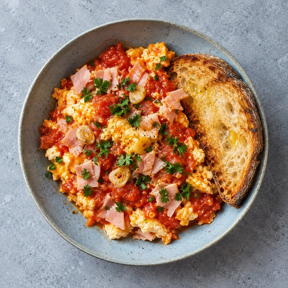 Magras con tomate au jambon cuit : œufs nappés de sauce tomate et jambon sur assiette bleue, accompagnés de pain grillé.
