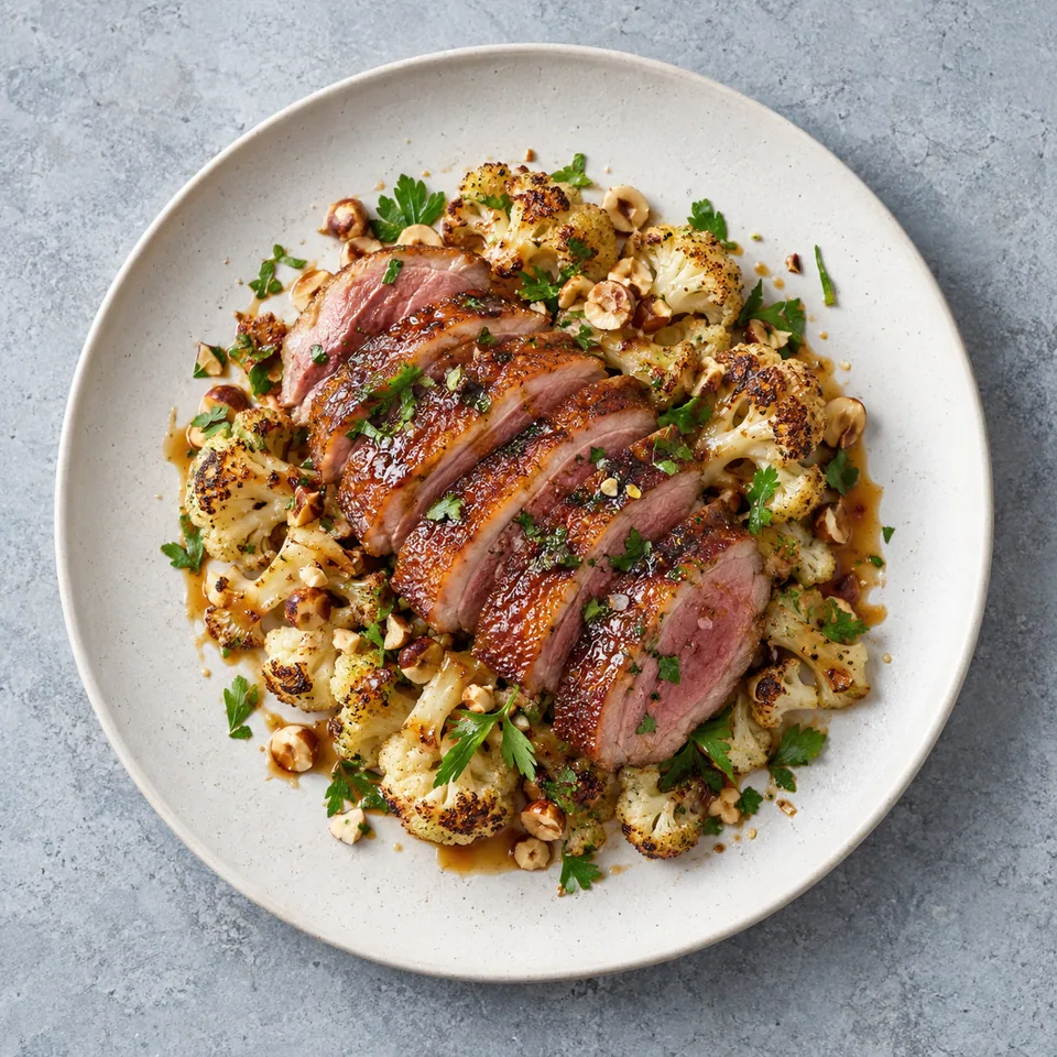 Magret de canard tranché en éventail sur chou-fleur rôti aux noisettes et persil sur assiette blanche.