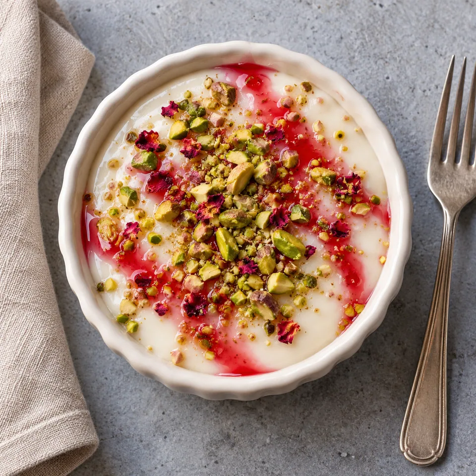 Ramequin de mahalabia à la fleur d’oranger, crème blanche lisse parsemée de pistaches vertes et nappée de sirop de rose.