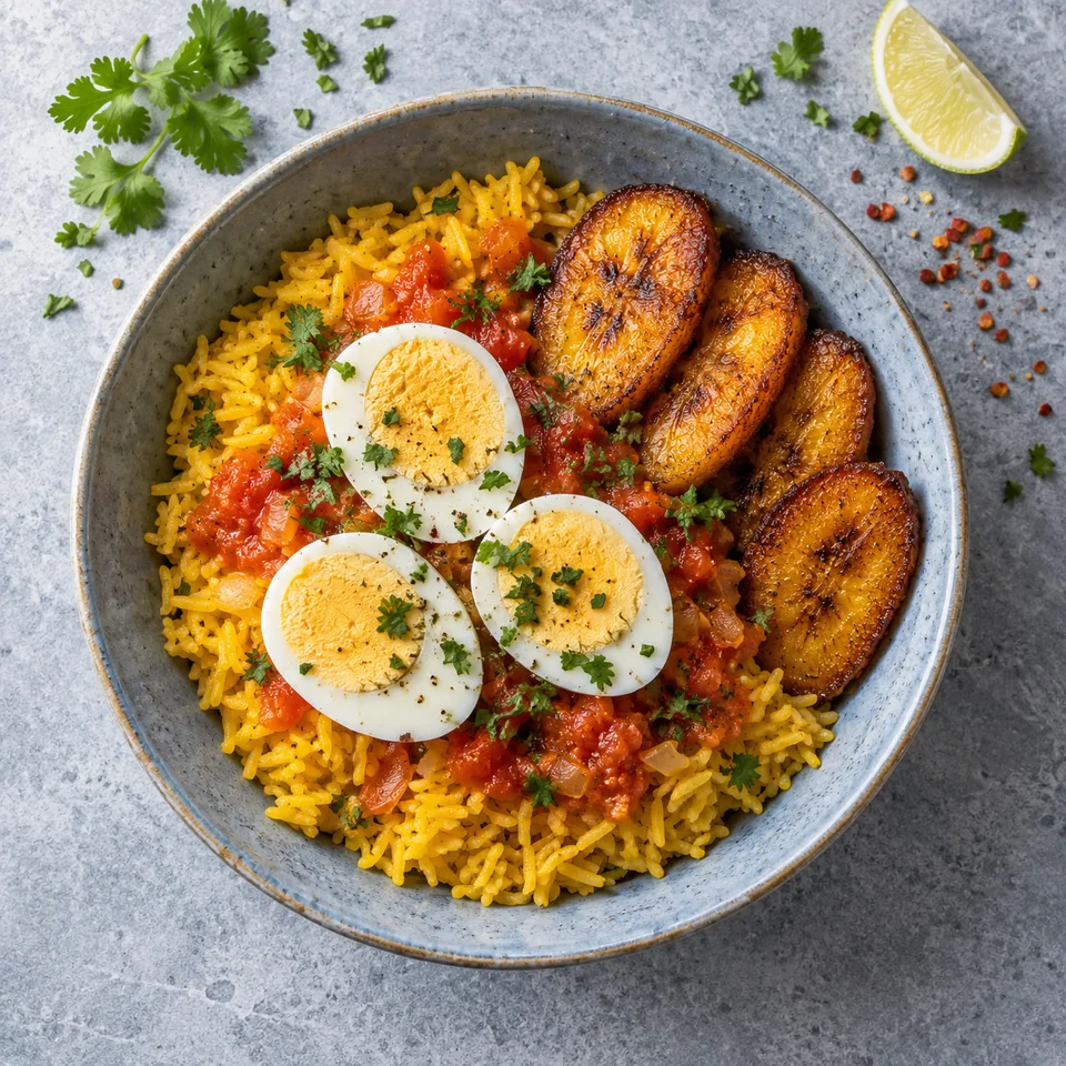 Assiette creuse bleu-gris : riz jaune curcuma, œufs durs et plantain doré.