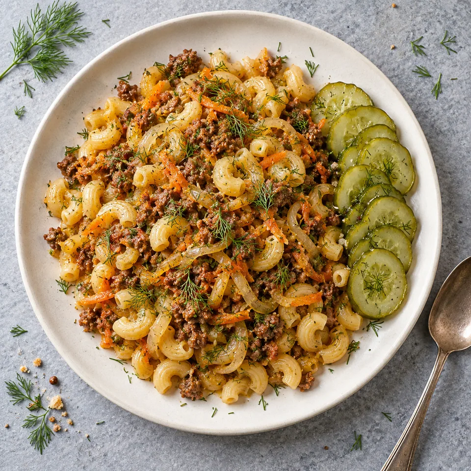 Assiette de makarony po-flotski aux pâtes, bœuf haché, soja et légumes, garnie d'aneth et de concombre vinaigré.