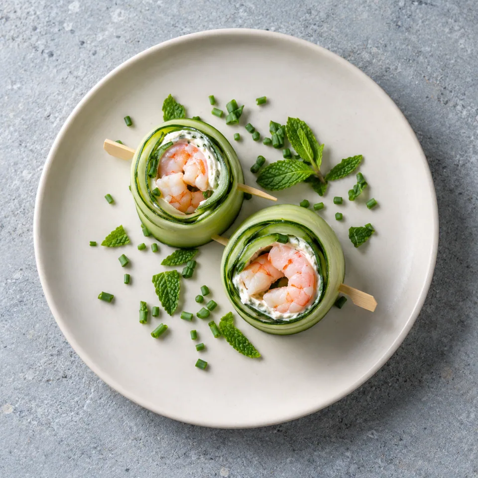 Makis de concombre au fromage de chèvre et crevettes roses, garnis de ciboulette et menthe sur une assiette blanche.