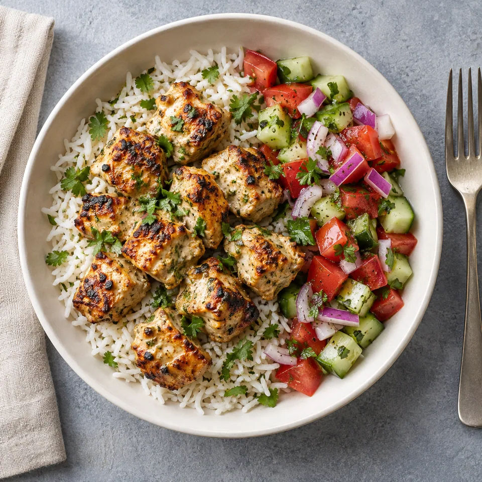 Bol de malai tikka de poulet doré, riz blanc et salade kachumber aux tomates et concombre.