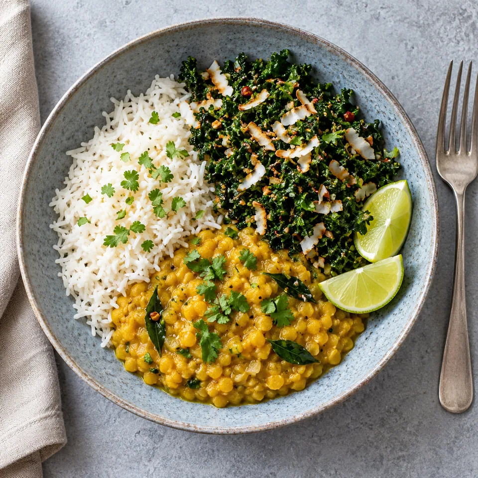 Assiette creuse bleu-gris : riz blanc, dal de lentilles doré et kale vert foncé émincé avec noix de coco et quartiers de citron.
