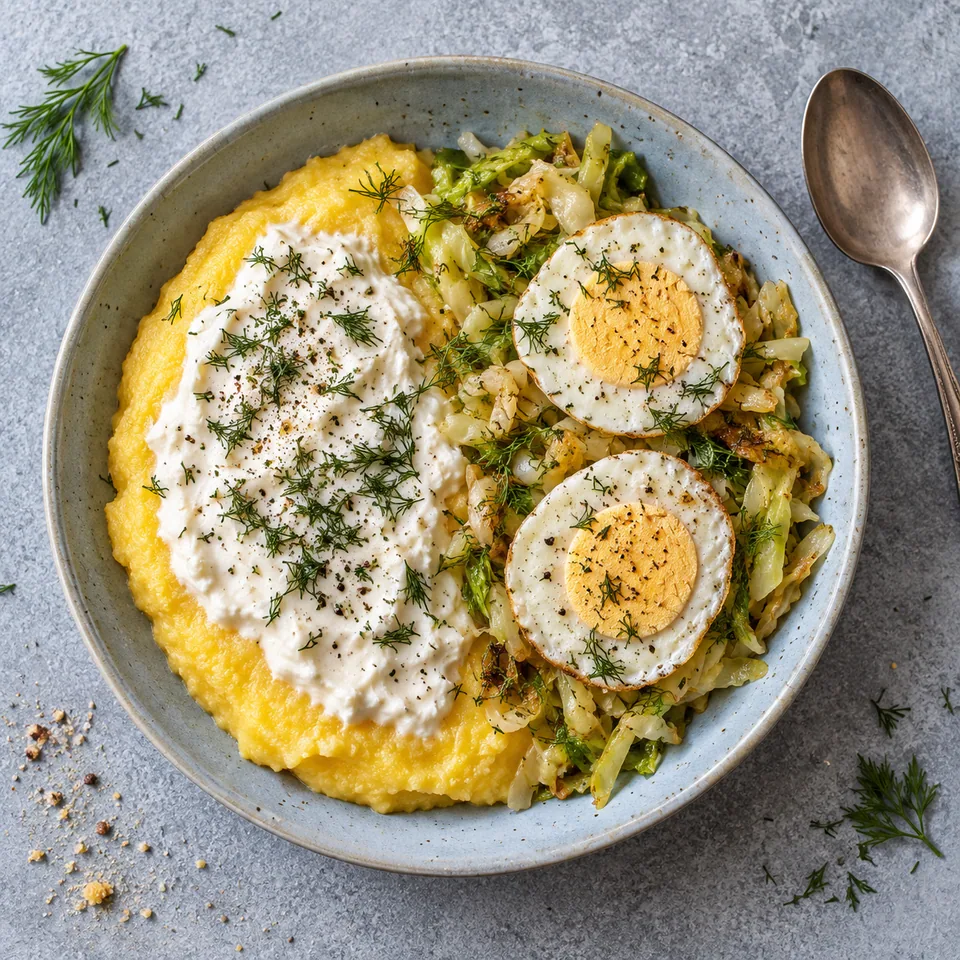 Mămăligă à l’œuf, fromage blanc et chou : polenta nappée de fromage blanc, chou sauté et œufs au plat sur assiette grise.